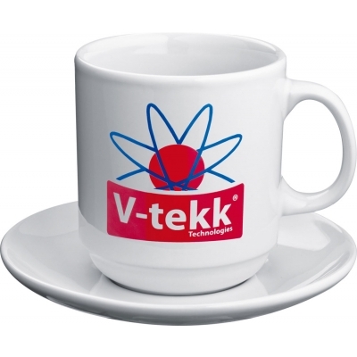 Set of white coffee mug and coaster