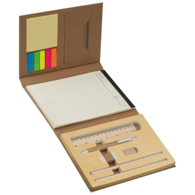 Writing case with cardboard cover, ruler, writing pad and adhesive markers
